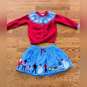 Mini Boden Snowman ☃️ Sweater (6-7) and Blue Matching Winter Themed Skirt (5-6)